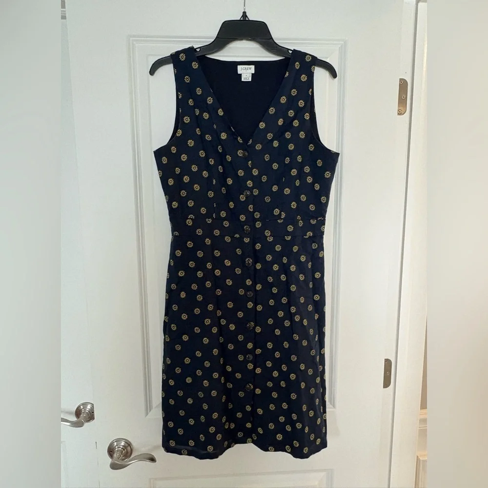J Crew Navy and Yellow Daisy V Neck Dress Sleeveless Size 6 Cotton Linen Summer